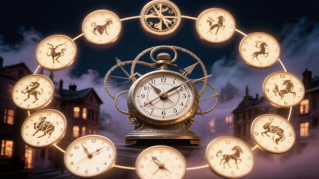 Зодиакальный круг, песочные часы и компас на ночном небе — иллюстрация к гороскопу на 18 августа.